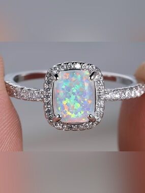 Opal Halo Diamond Accent Ring in White Gold Tone